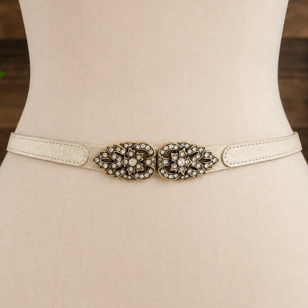 Fossil Women Skinny Cinch Belt Leather Stretch Rhinestone Floral Buckle Glam Y2K